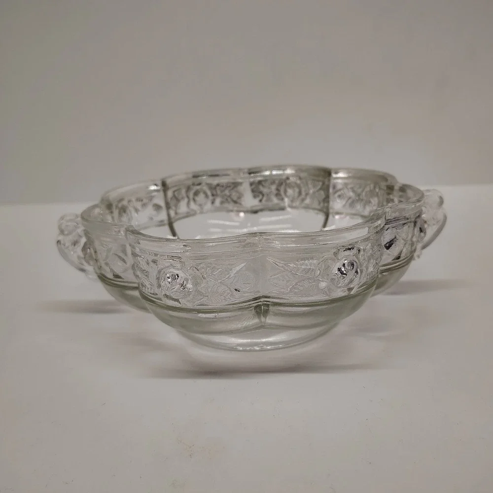 Jeannette Aztec Rose Glass Dish 6in Two Handle Clear Relish Bowl Vintage
